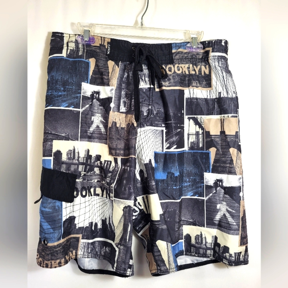 Carbon black white and blue swim trunks men's L  #1534